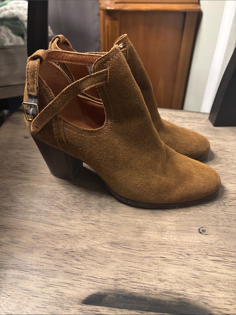 Frye Cognac Suede Cutout Ankle Heeled Boots